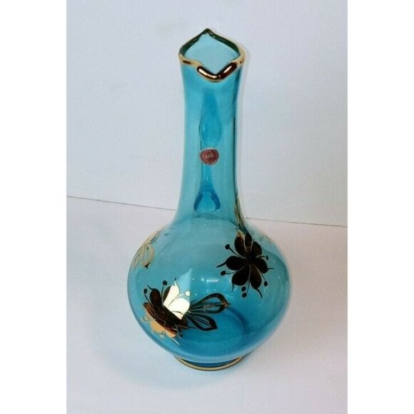 Aqua Blue Romanian Glass Decanter With Gold Floral Design & Handle - Picture 4 of 12